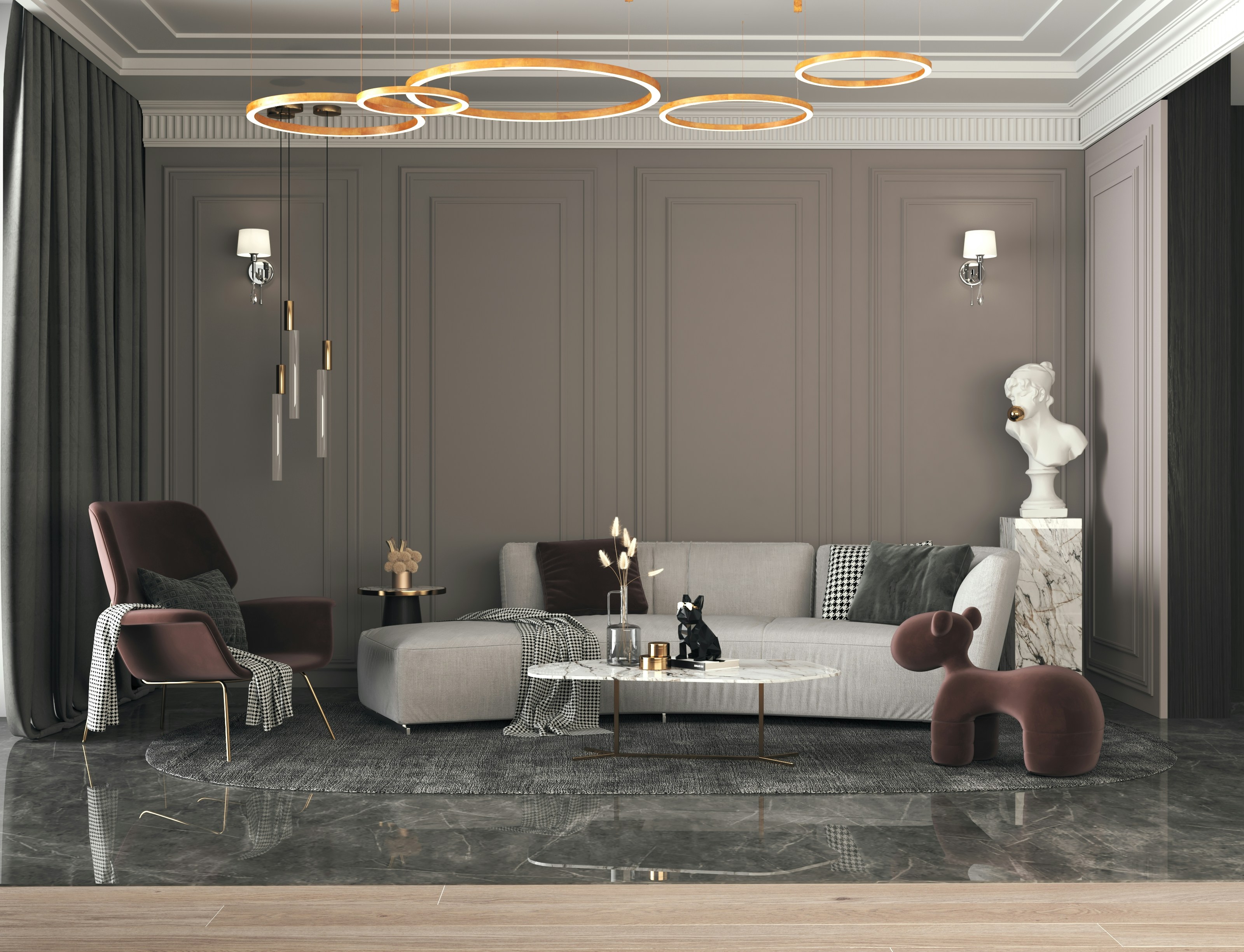 Luxurious marble living room with blue and gold.