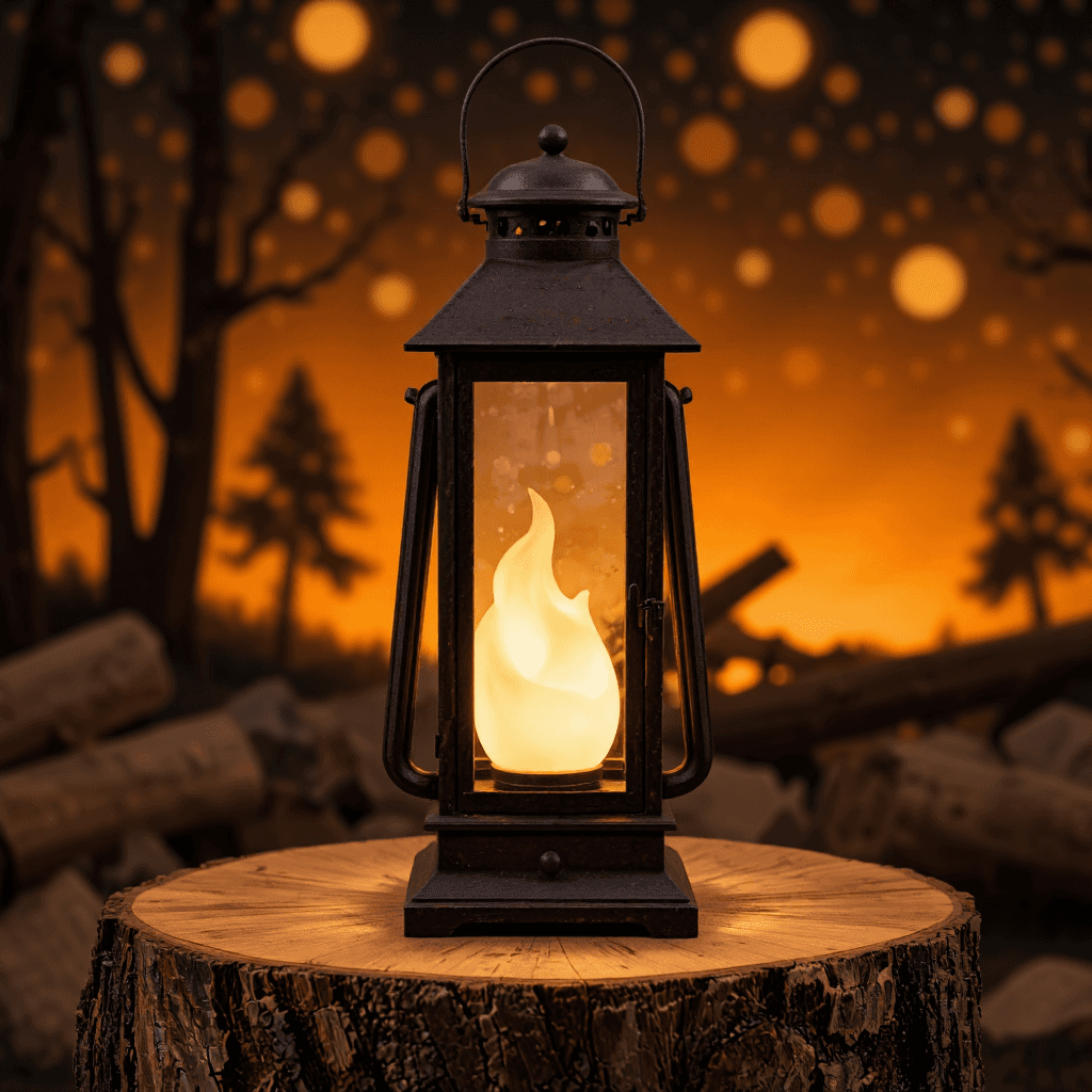 product photography of a decorative lantern with a simulated flame effect