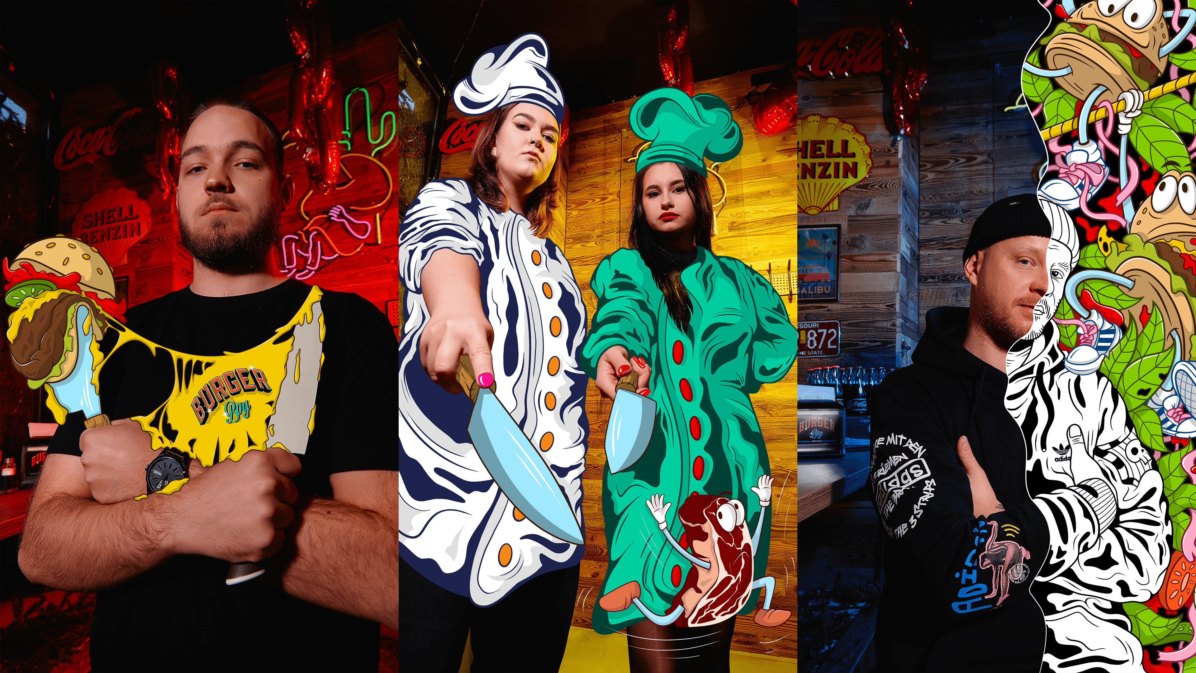 Burger restaurant employees with cartoon-style illustrations added