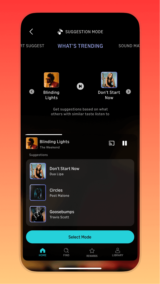 A mockup of Suggestion modes in Amazon Music App