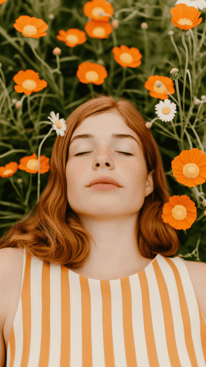 A woman with closed eyes and red hair lies peacefully on grass, surrounded by vibrant orange and white flowers.