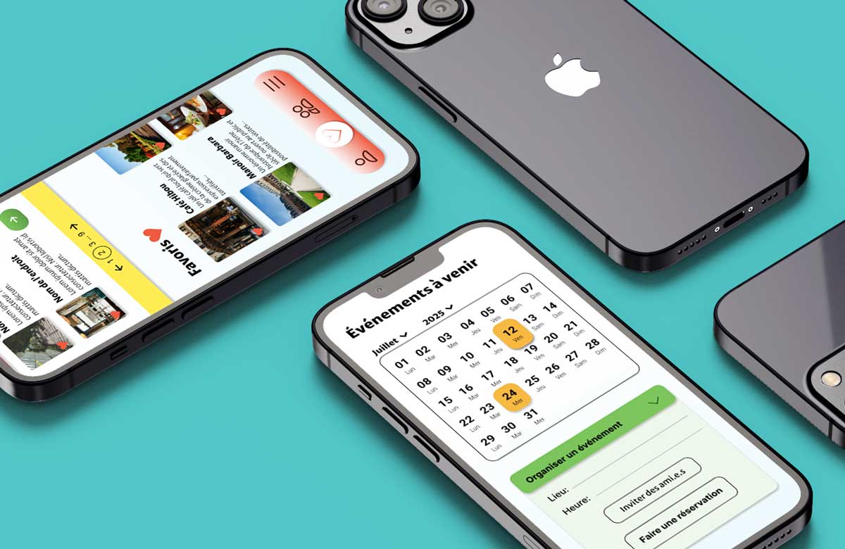 Plusieurs écrans mobile montrant l'application Vie