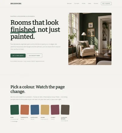 Painting company website built with AI showing a chalk and green hero and a row of paint swatch cards