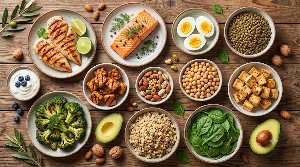 A top-down flatlay photograph of various healthy high-protein whole foods, including grilled chicken, salmon, eggs, lentils, tofu, quinoa, and avocado, arranged in bowls on a rustic wooden table under natural daylight.