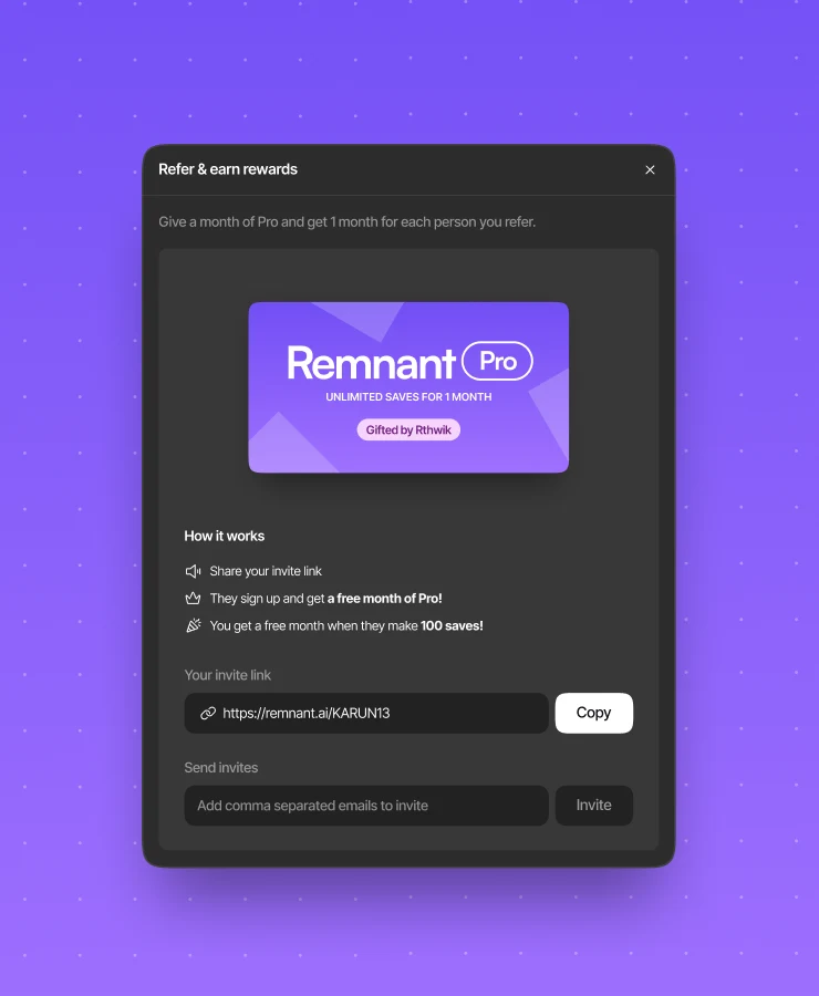 Mobile crop of Mimmir’s referral dialog with invite and reward details.