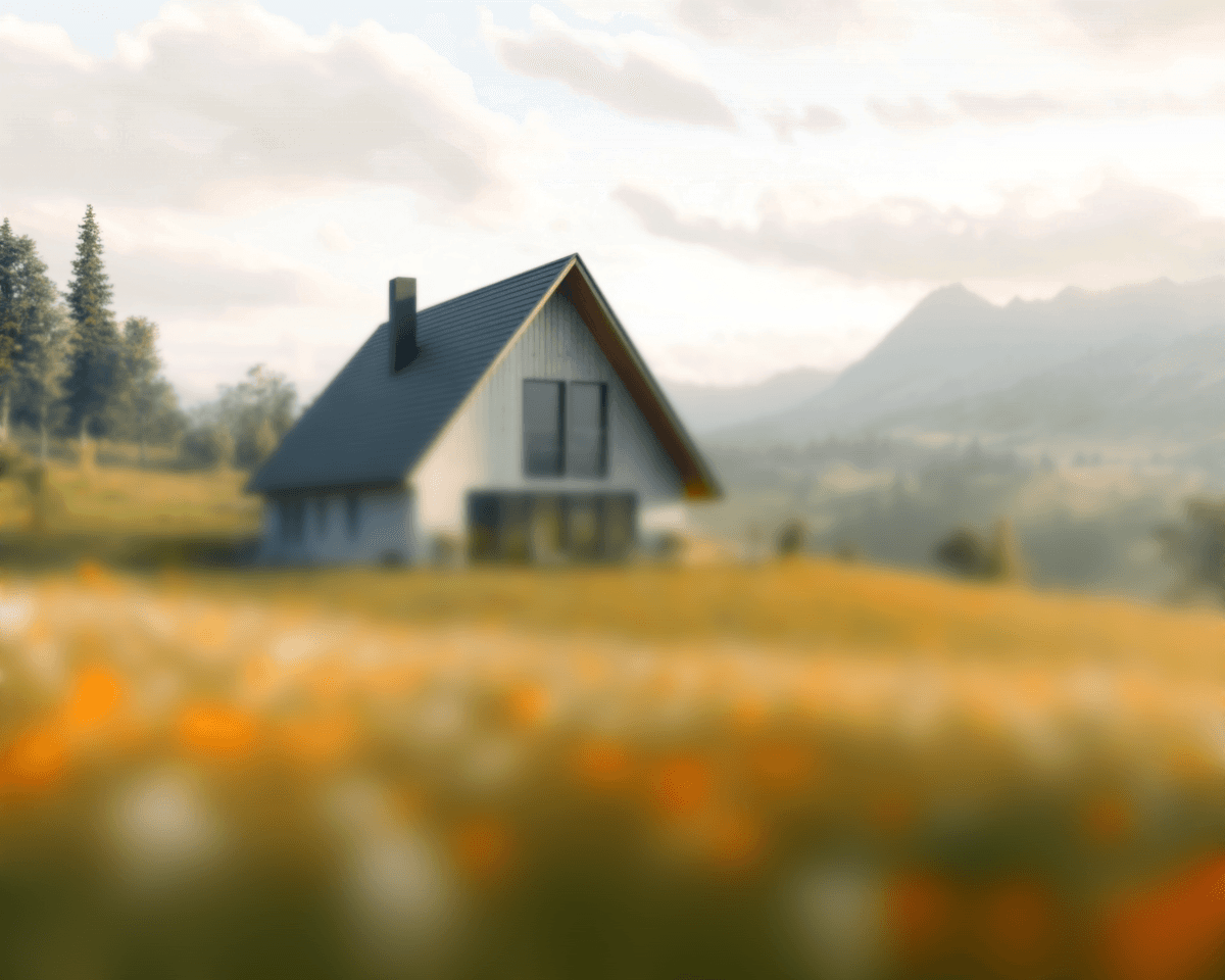 A cozy house nestled in a field of wildflowers, surrounded by mountains and a cloudy sky.