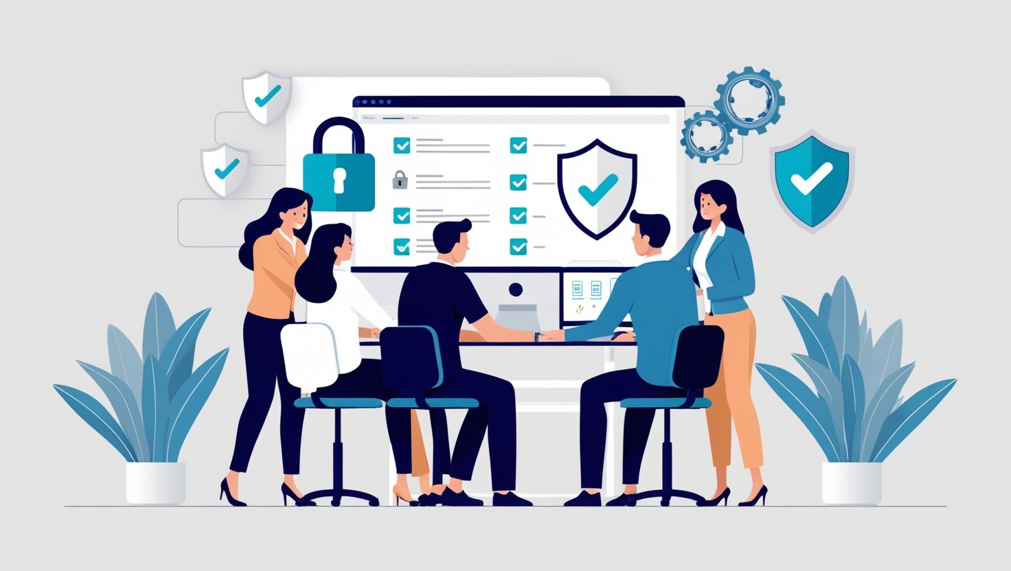 Small team collaborating on automated security questionnaires with digital security icons.