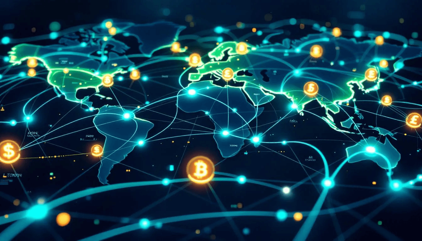 The image depicts a global business network visualization, illustrating the flow of cryptocurrency, particularly bitcoin, between various international offices. It highlights the interconnectedness of bitcoin transactions and the use of digital currencies in facilitating secure and efficient financial exchanges across borders.