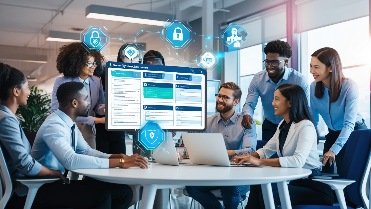 Professionals using AI and collaborative tools to streamline security questionnaires in a modern office setting.