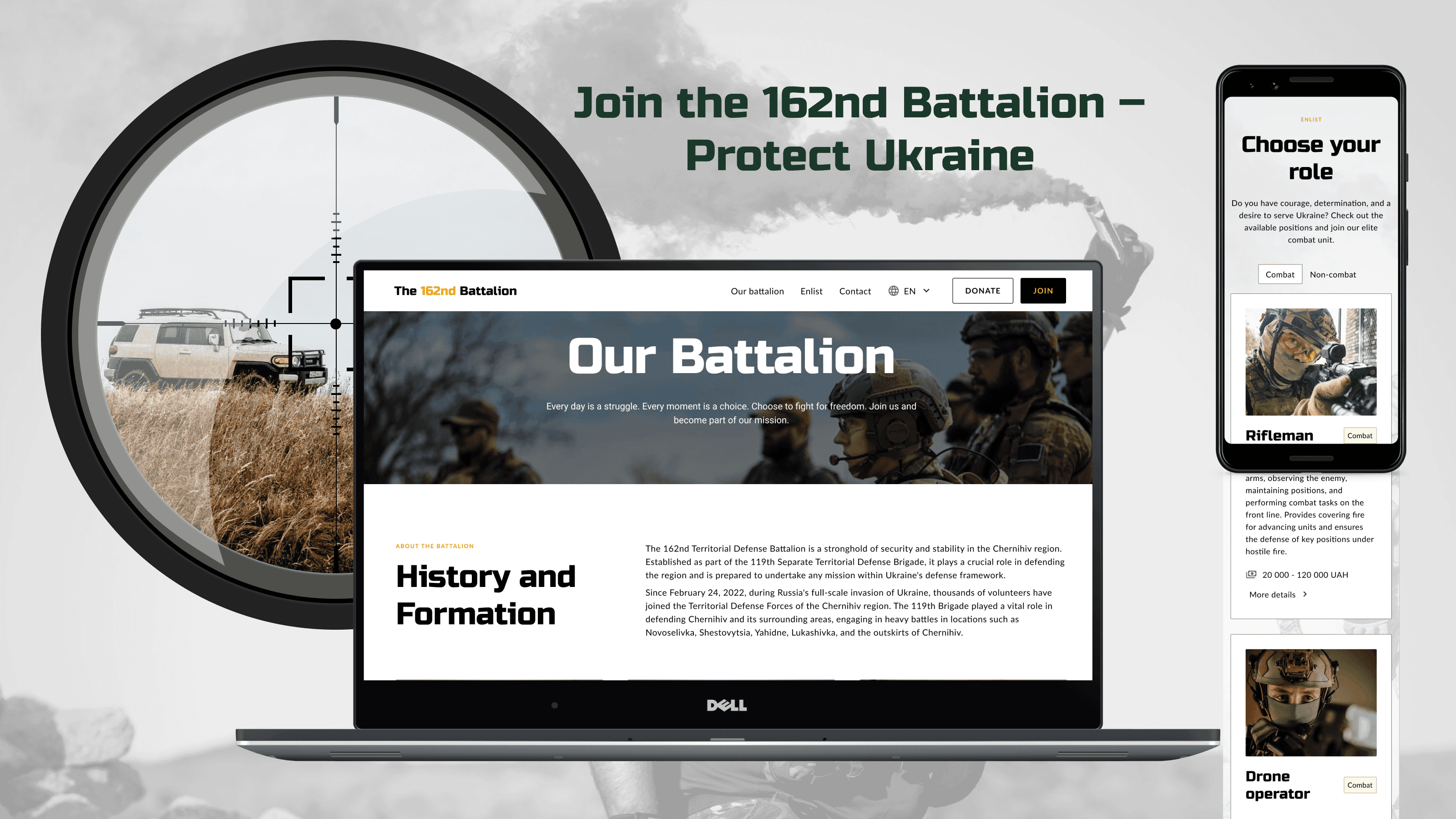 Mockup of the recruitment and donation website for the 162nd Battalion, displayed on a laptop and mobile screen.