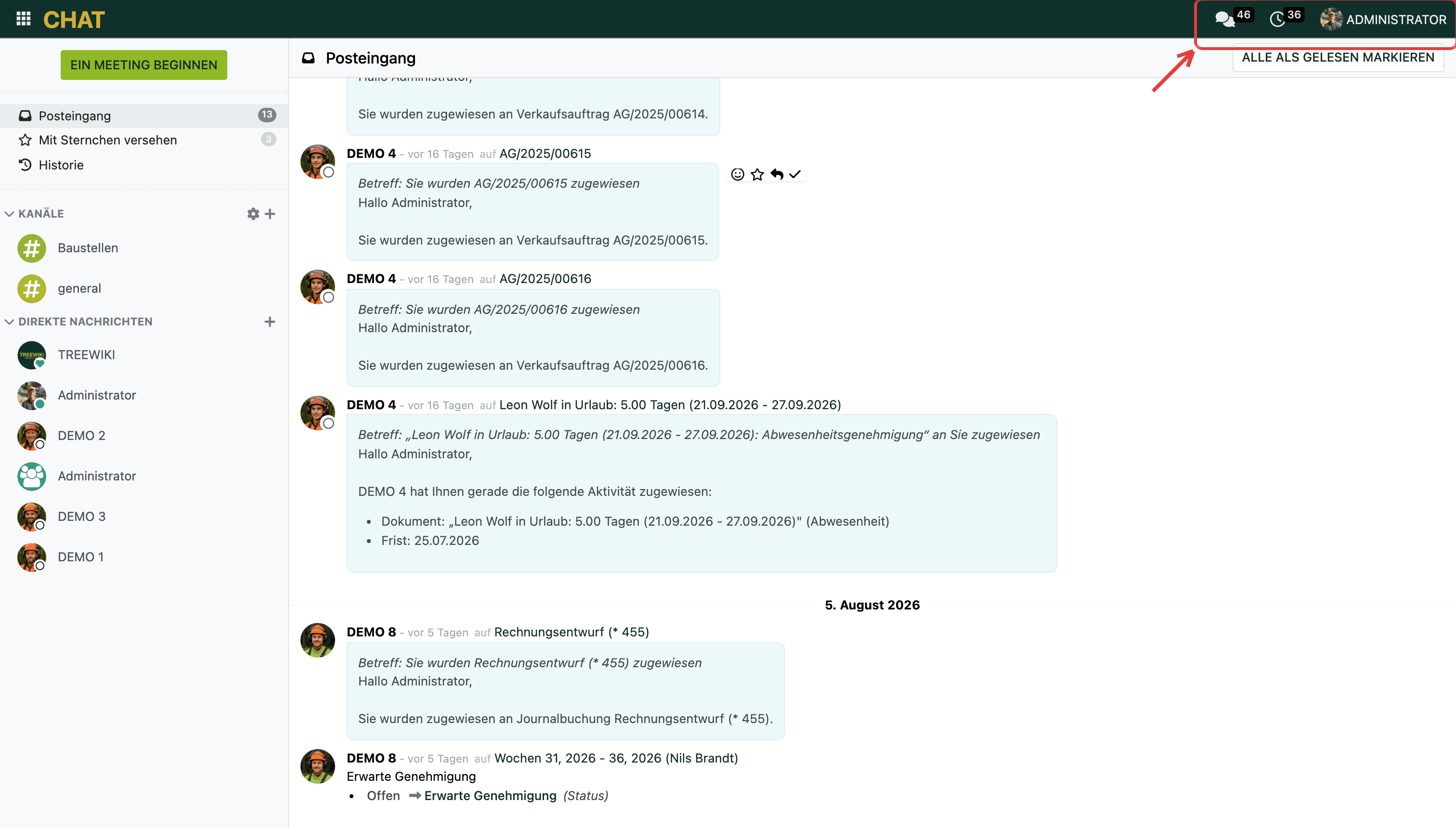 Oben rechts in TREELAX Partner: Sprechblase für Chat-Benachrichtigungen, Uhr für offene Aktivitäten.