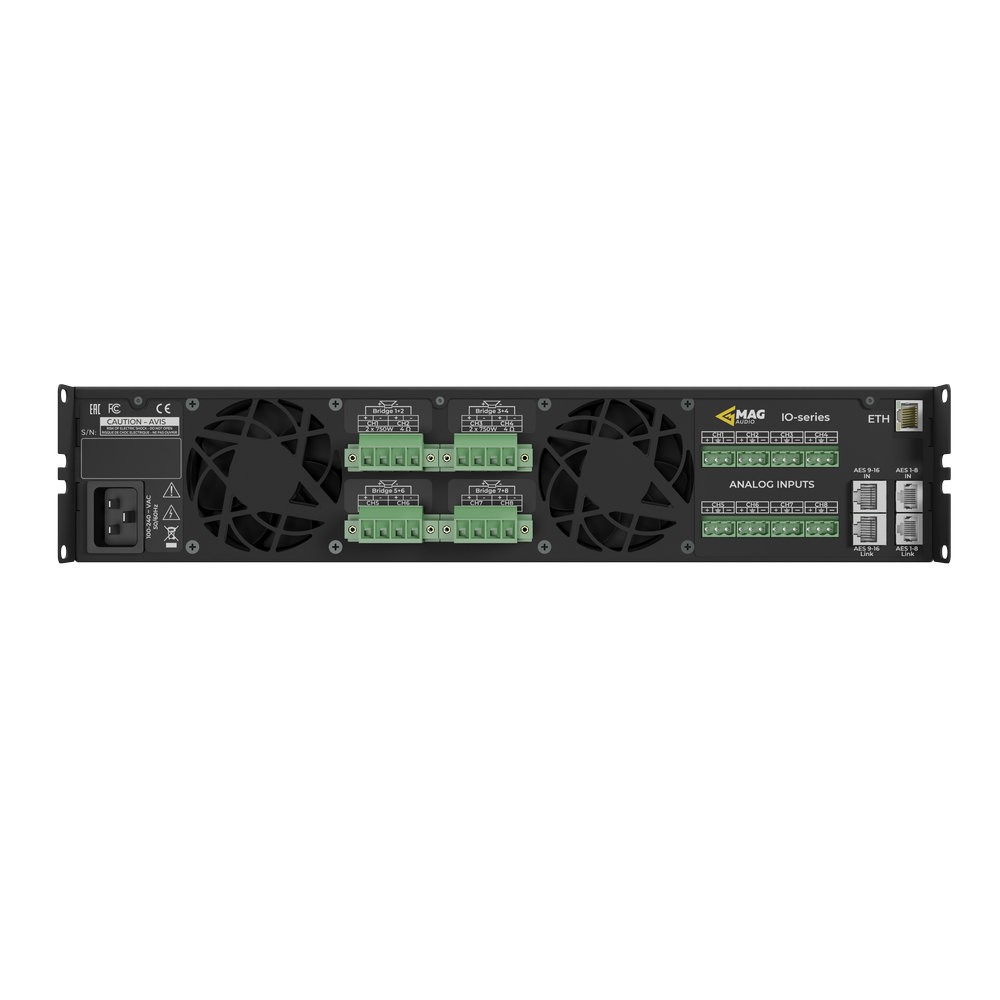 Rear panel of a MAG AUDIO IO-series device with inputs.