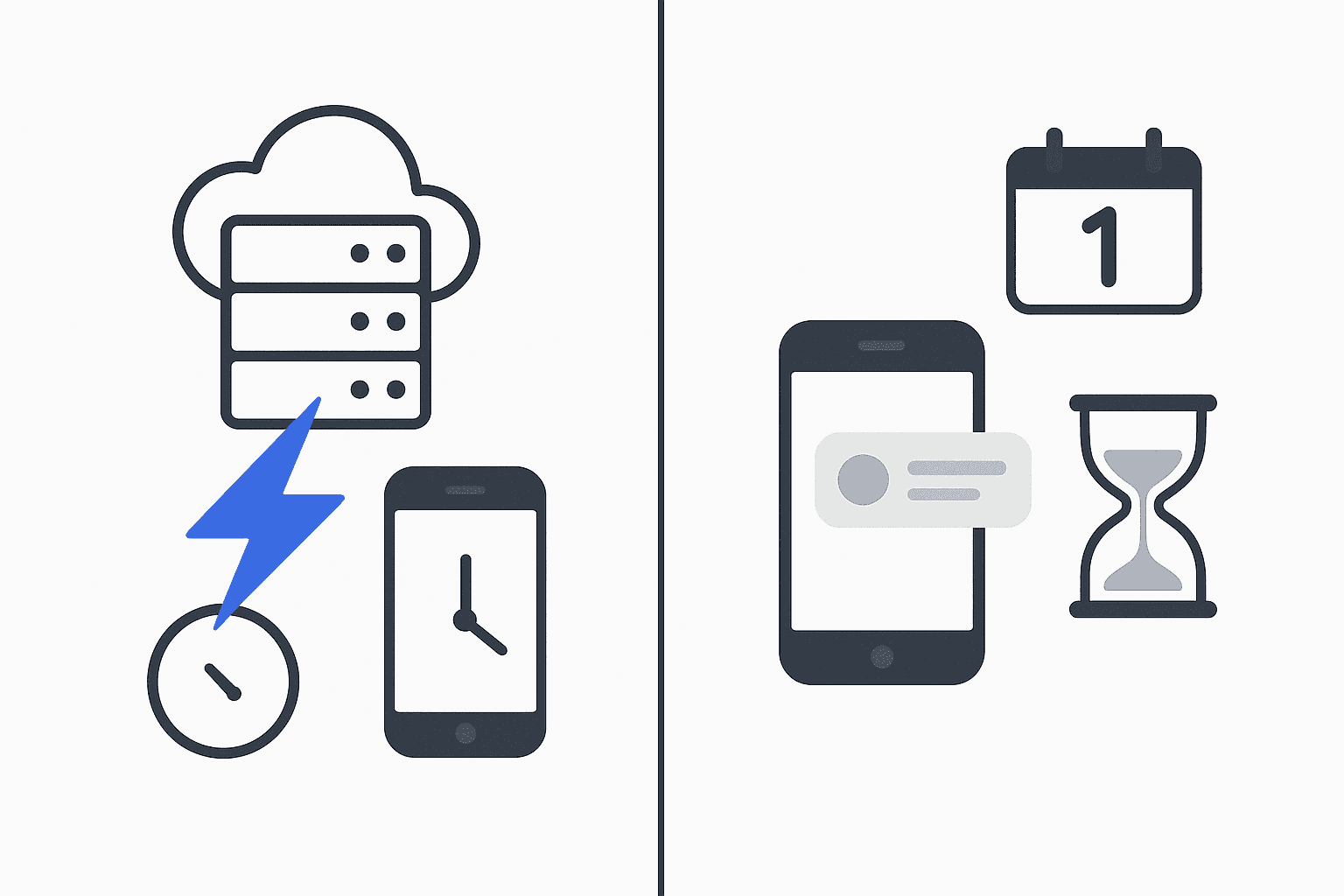 Split-screen concept of lightning-fast alert to phone versus hourglass delay with calendar.