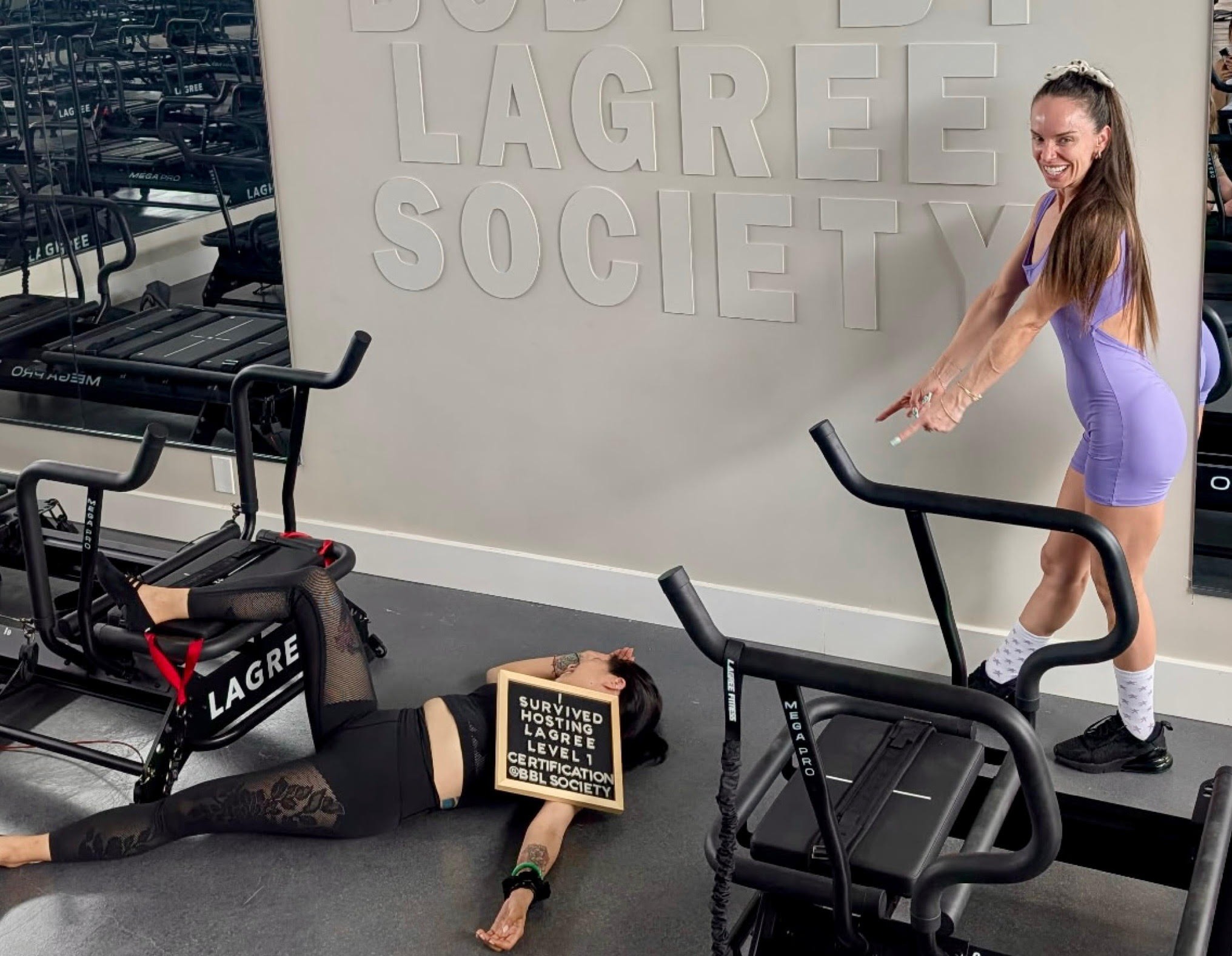 "I survived hosting Lagree Level 1 Certification" — a lighthearted moment from the 2026 course at BBL Society