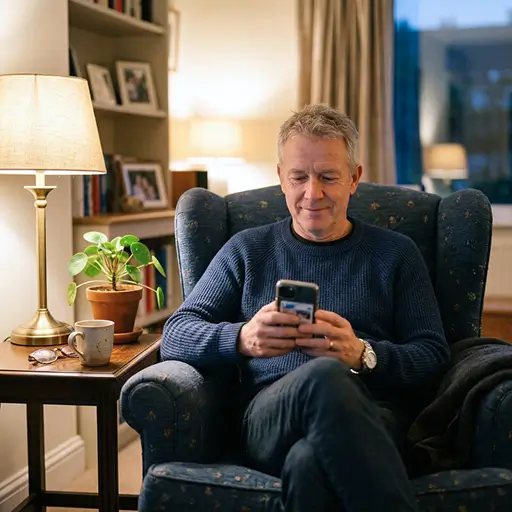 A man relaxes in an armchair while using his phone to track Wayfair Way Day prices and set target price alerts on Whisprice for upcoming furniture markdowns.