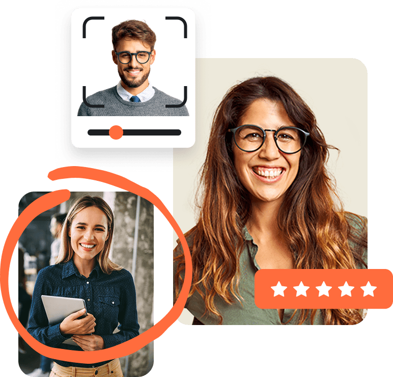 Four smiling job applicants surrounded by analytic graphics