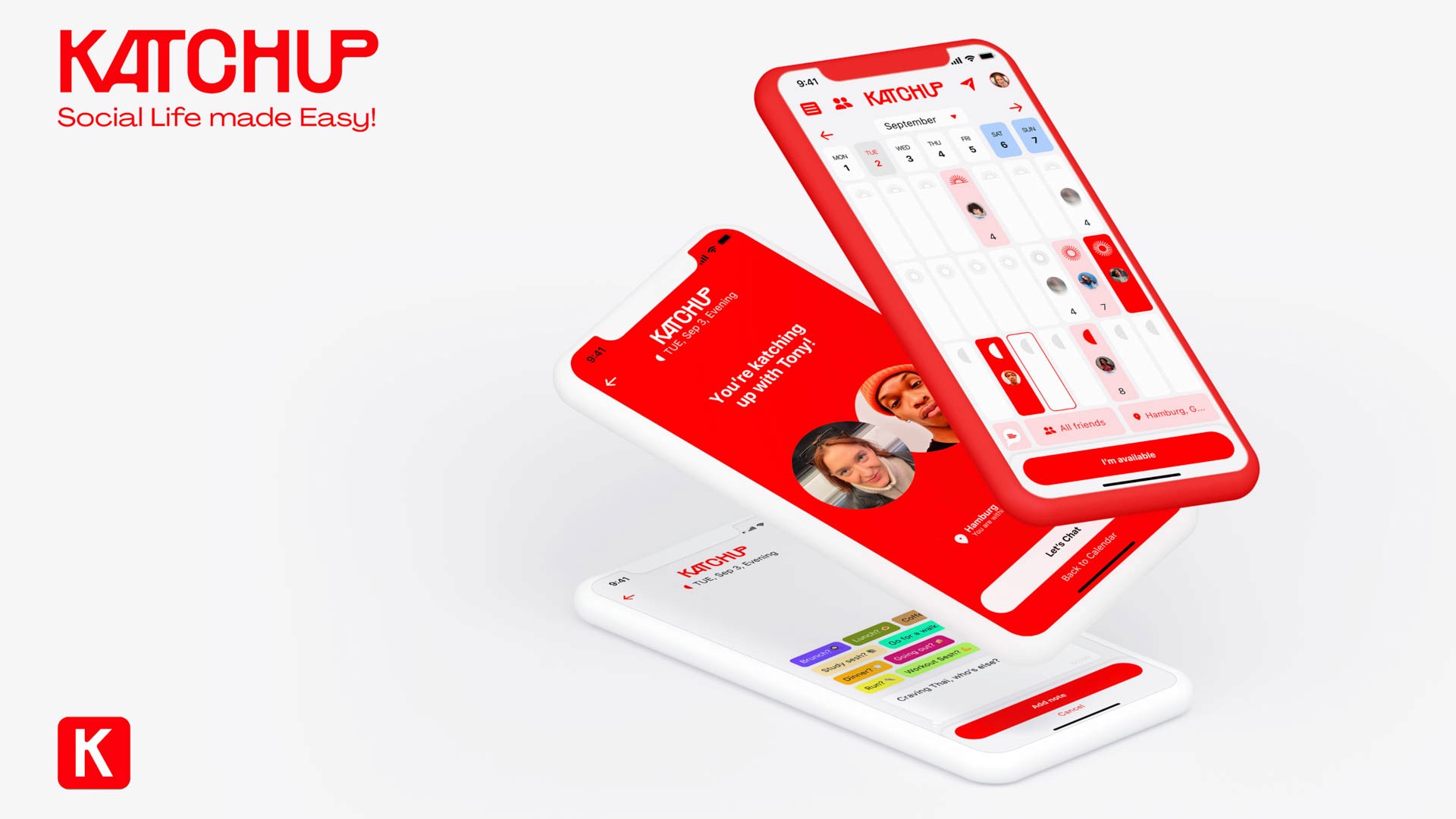 A red and white KATCHUP-branded smartphone is shown in three different angles against a white background. The top view displays the app interface with icons and text. The middle view shows a promotional image of two people. The bottom view shows colorful tiles and text. The KATCHUP logo is visible in the top left corner.