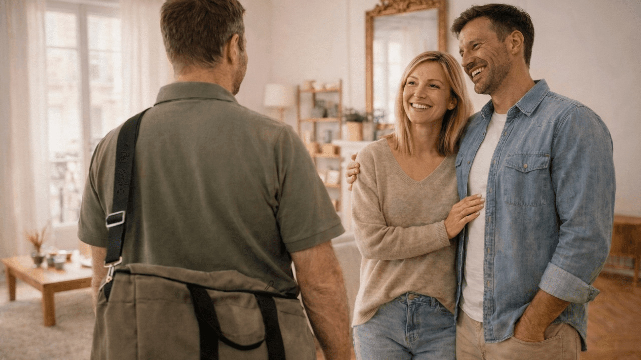 Technicien de désinsectisation accueilli avec le sourire par un couple dans leur salon