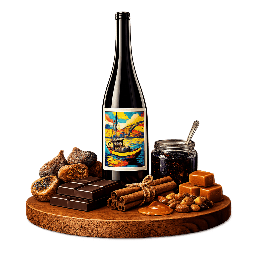 Artistic label and flavor profile for Portuguese Port Wine on a rustic wooden table.