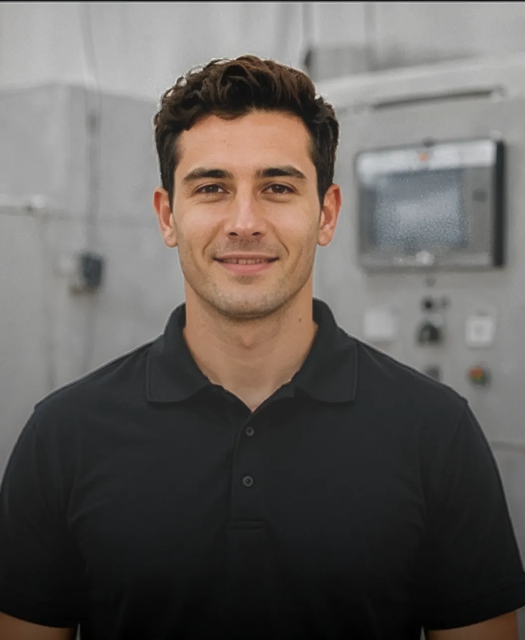 Professional young male technician smiling in a black polo shirt with machinery in the background.