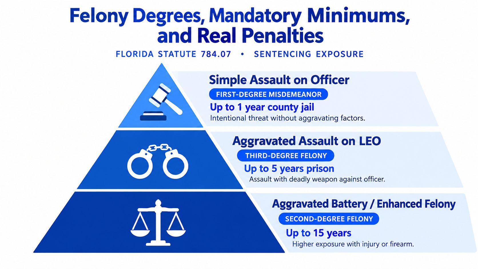 A diagram outlining Florida felony degrees, mandatory minimums, and sentencing exposure for assaulting law enforcement officers.
