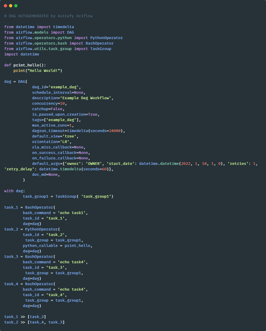 Screenshot of a Python script showing code for an Apache Airflow Directed Acyclic Graph (DAG) named 'example_dag'. The code includes imports, a print_hello function, DAG default arguments such as owner and start date, and task definitions using BashOperator and PythonOperator with dependencies between tasks