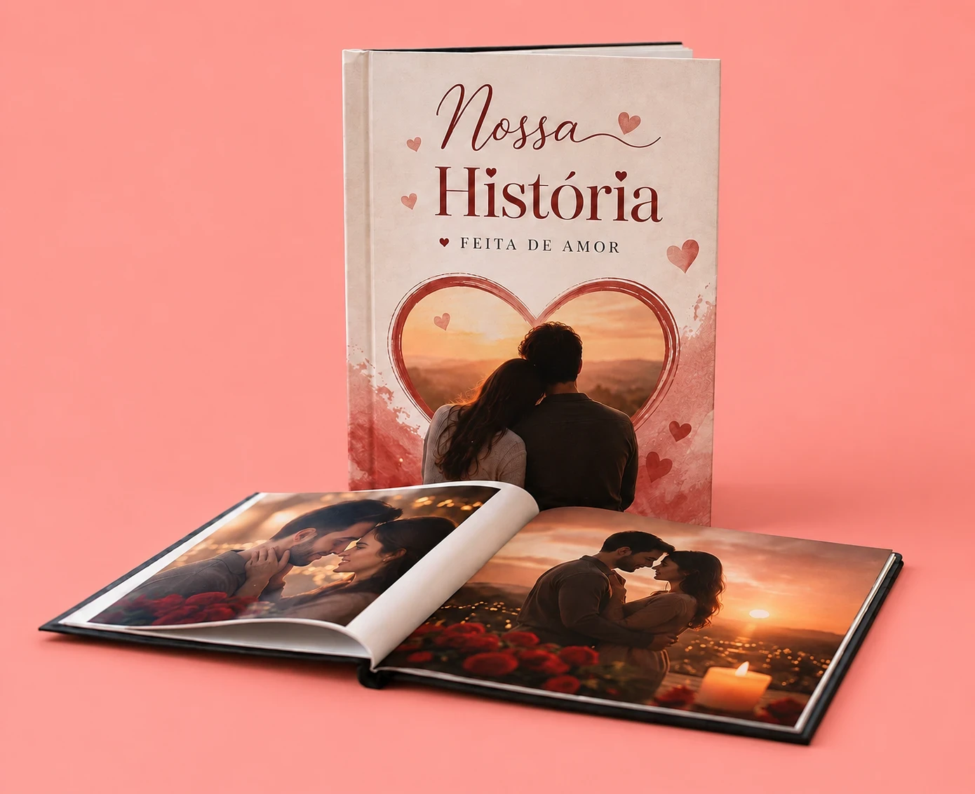 Pessoa segurando fotolivro com foto de mulher sorrindo ao ar livre, com a frase “Eu amo o Norte” escrita no canto da imagem