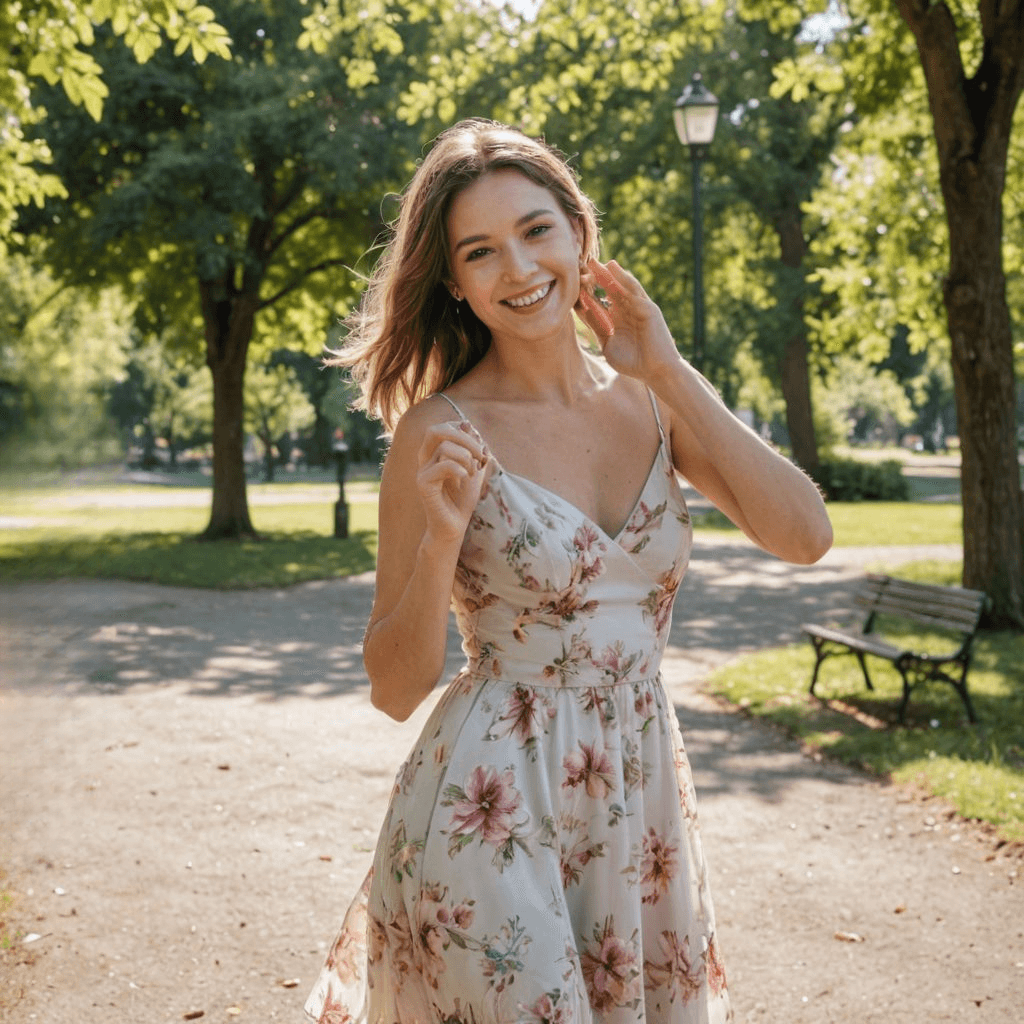 lifestyle fashion photo of a woman posing in the park with a dress in a sunny day