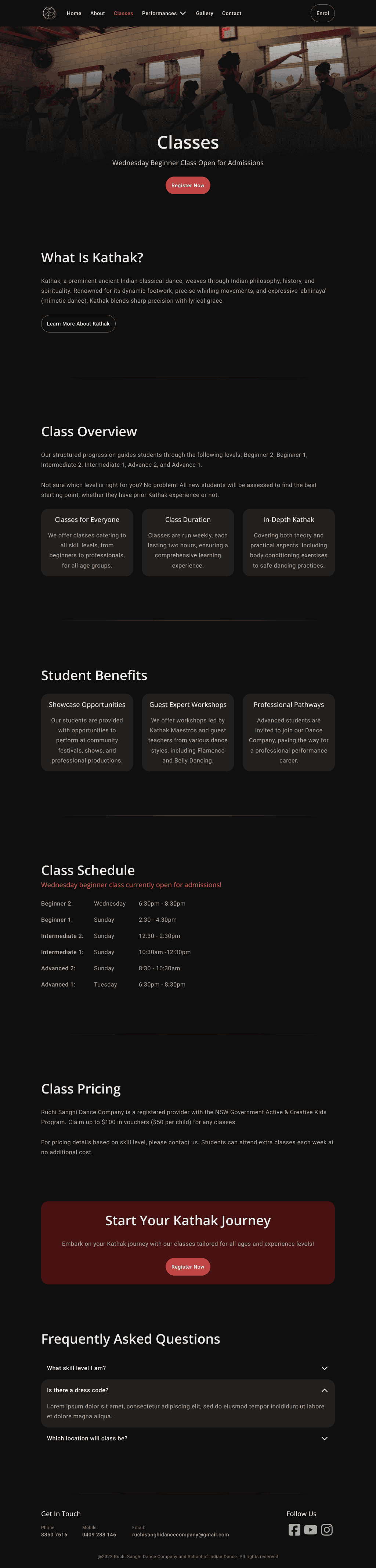 'Classes' page final design