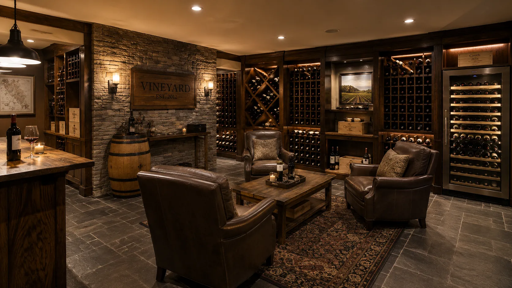 Luxury wine cellar basement featuring extensive wine storage racks, leather seating, custom wine barrel, stone accent wall, tasting counter, and warm ambient lighting throughout elegant space.