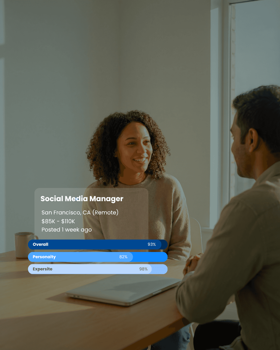 Job candidate interview with Staffcloud assessment scores displayed