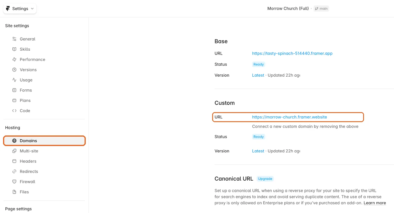 Framer Settings, Domains section