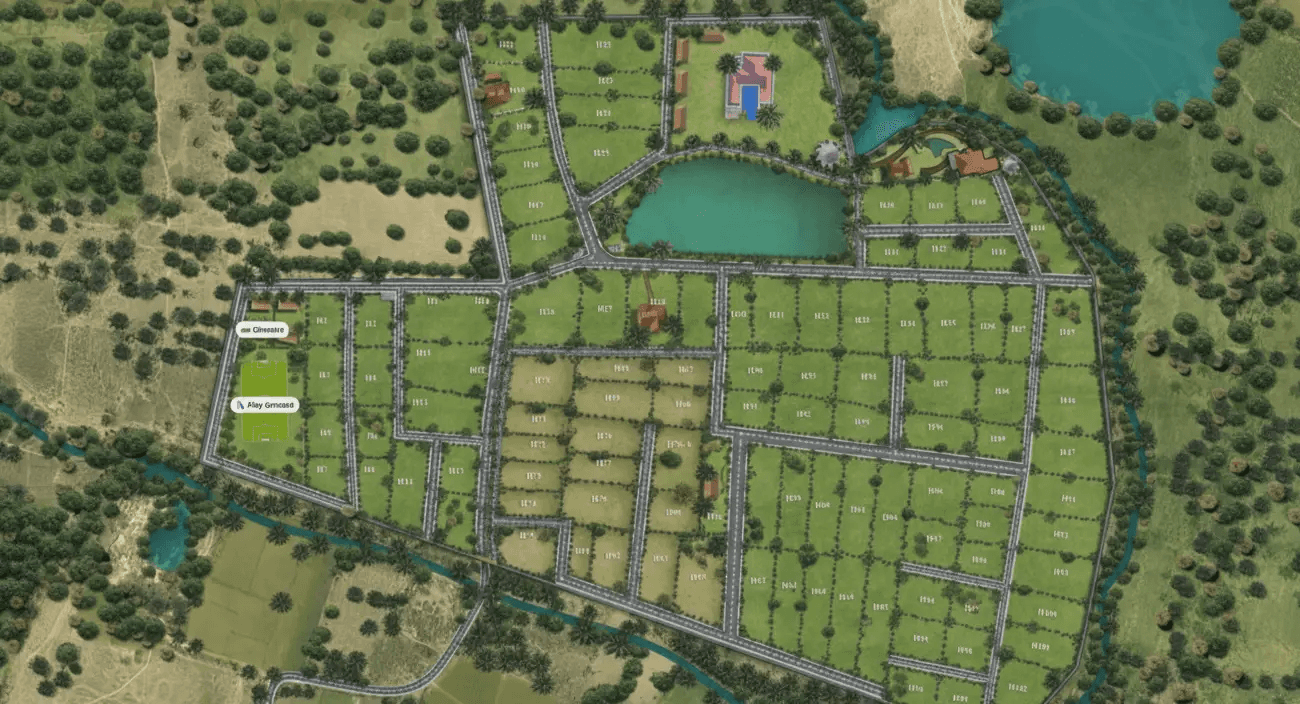 Gated community farm land plots aerial view with plantation and greenery — farm land properties in Hubli Dharwad by UK Properties