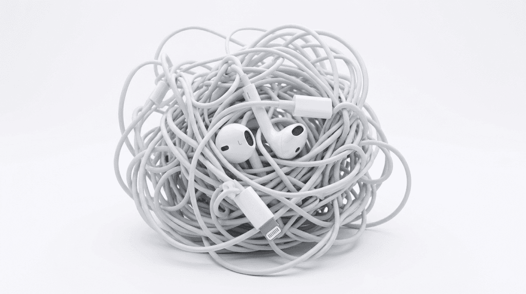Tangled EarPods photo used as the hero visual