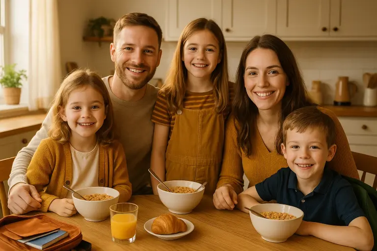 family eating breakfast together around kitchen table
