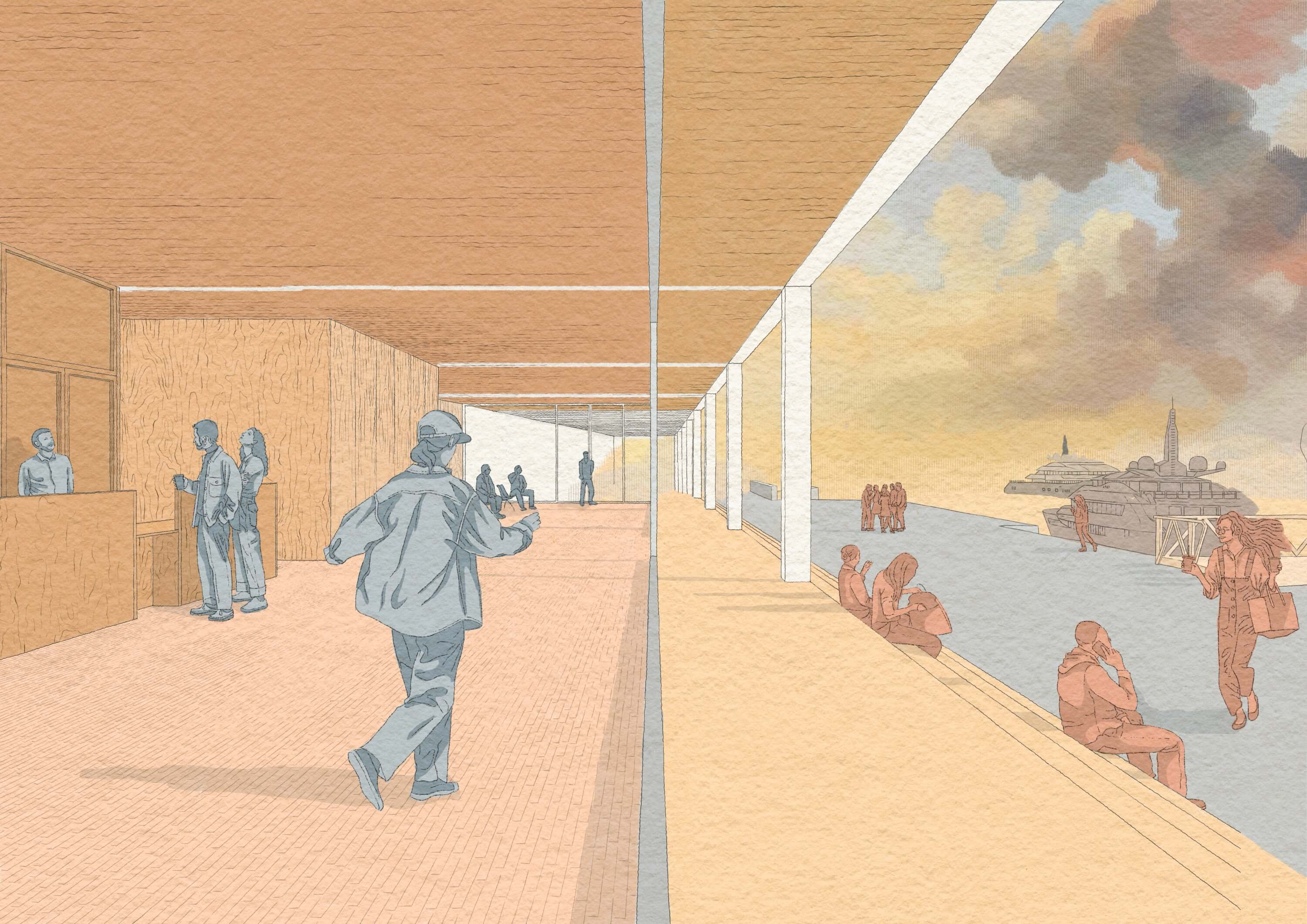A spacious corridor with people walking and soft, warm colors, showcasing a mural on one wall.