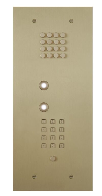 Black smart home device with screen showing time and temp