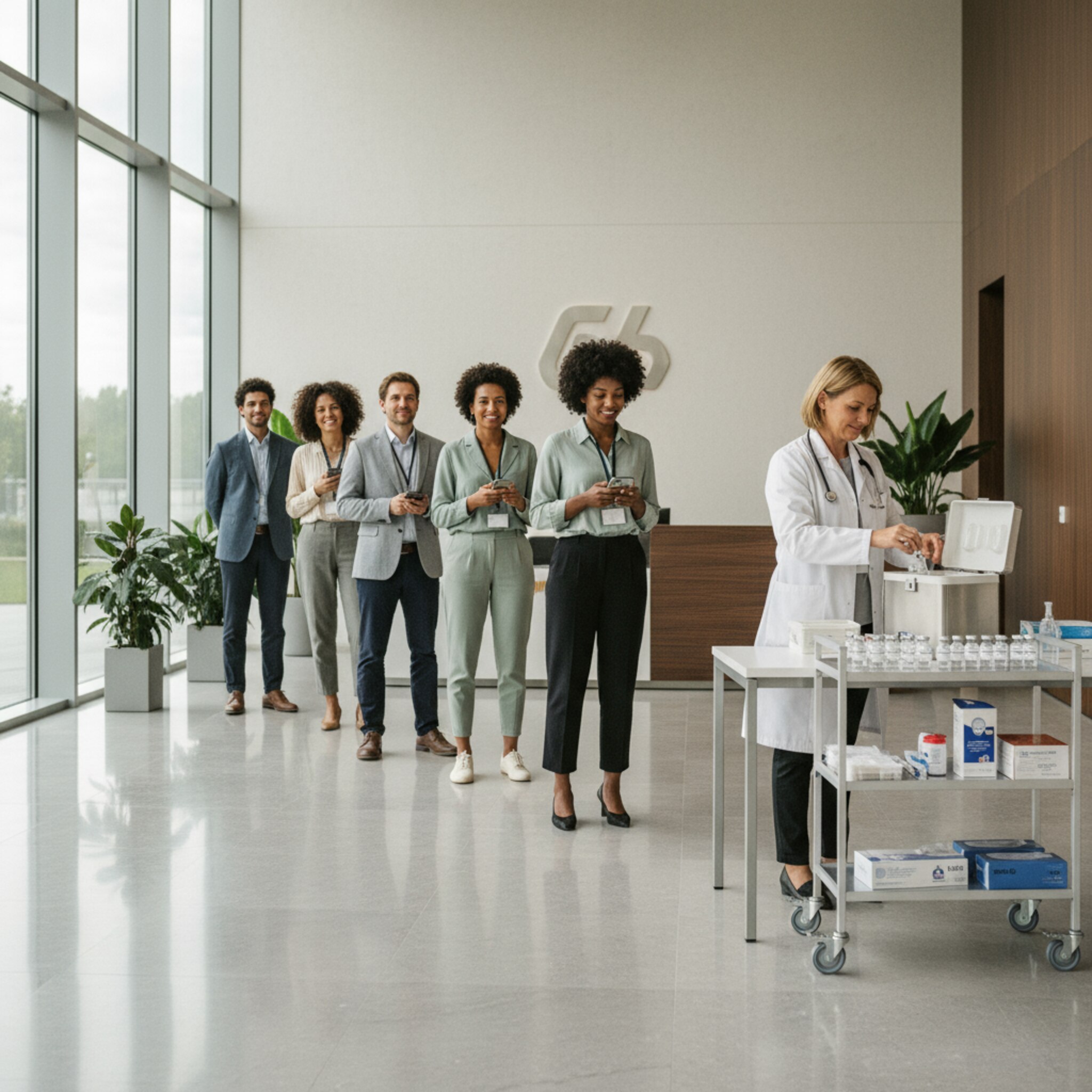In einem Firmenfoyer zieht ein Betriebsarzt frisches Material aus einer Kühltasche, neben ihm ein Rollwagen mit Pflaster und Ampullen. Mitarbeitende bilden eine kurze, geordnete Schlange. Sonnenlicht spiegelt auf dem steinernen Boden. Die Stimmung ist konzentriert, aber gelassen, alles greift ineinander.