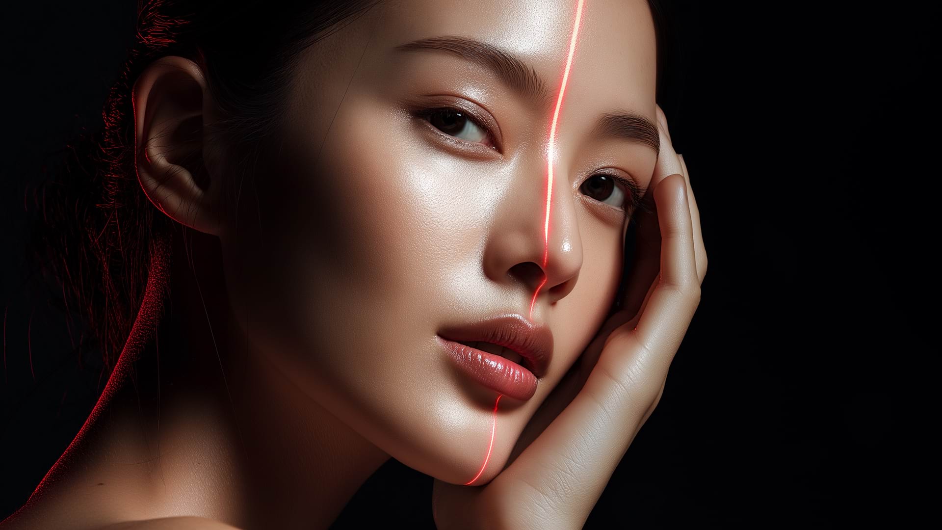 Close-up of a woman's face with a soft expression, highlighted by a vertical red laser line on her skin, set against a dark background, conveying a futuristic and sophisticated tone.
