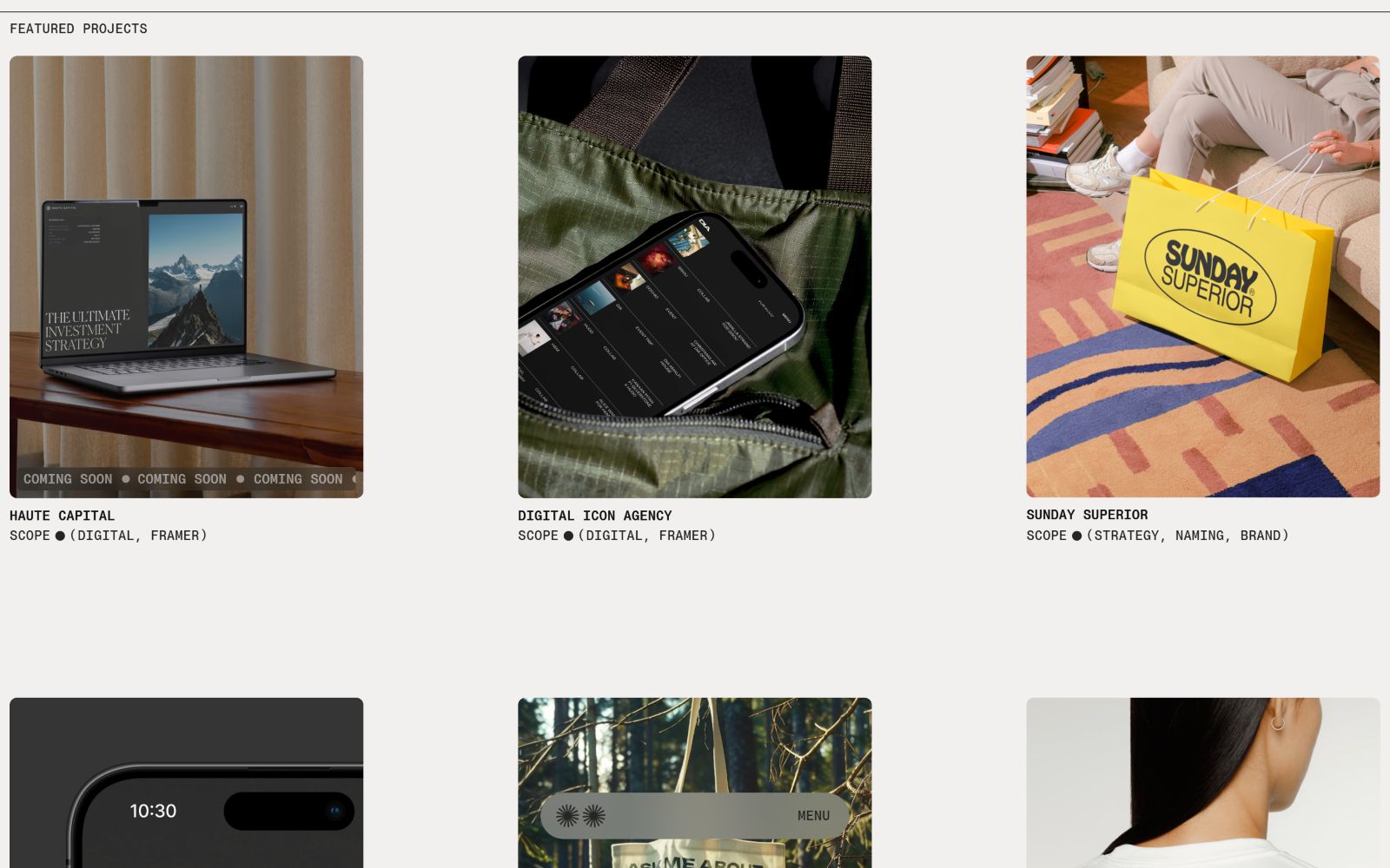 Laptop on desk with calendar; open bag with phone showing social media app; person holding yellow shopping bag "Sunday Superior".