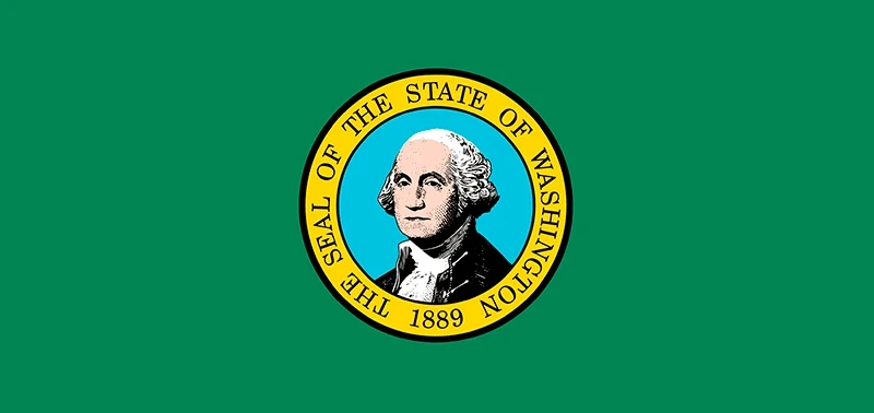 The flag of Washington features a green field with the state seal in the center. The seal shows a portrait and the text "The Seal of the State of Washington 1889."