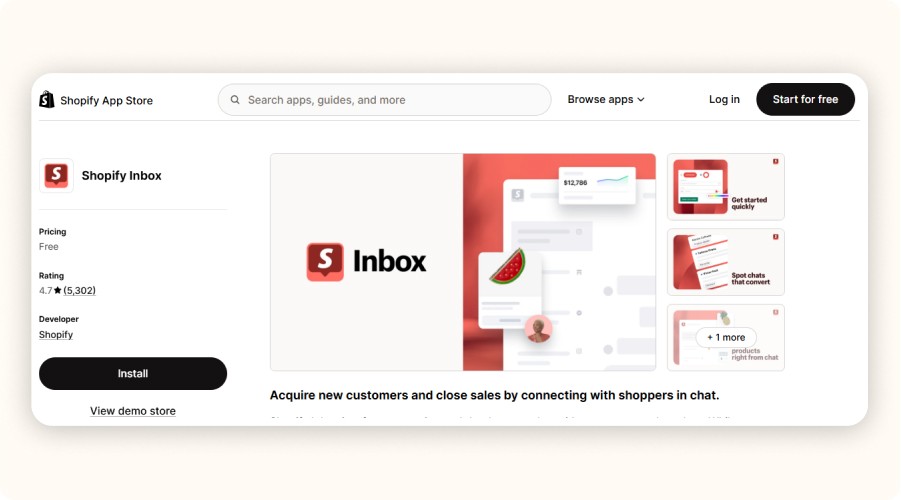 Shopify App Store listing for Shopify Inbox customer chat app