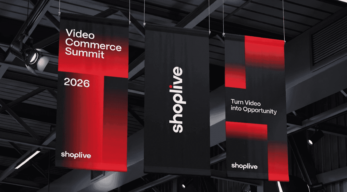 Video Commerce Summit 2026 · shoplive · Turn Video into Opportunity 문구가 적힌 행사 현수막 3개