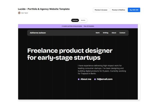 Página de la plantilla Lucide con el texto Freelance product designer for early-stage startups y un menú con apartados Work y Writing