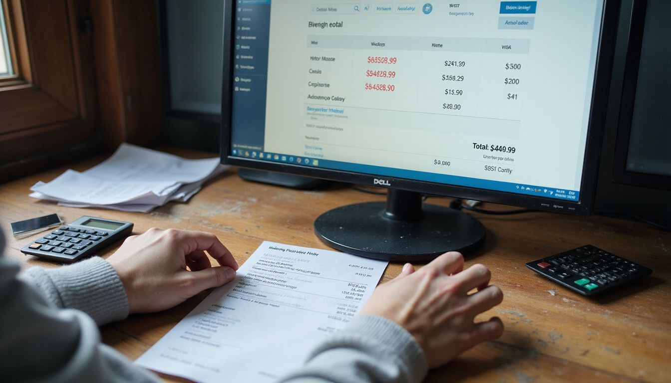 A Dell monitor displays a hotel checkout interface on a cluttered desk.