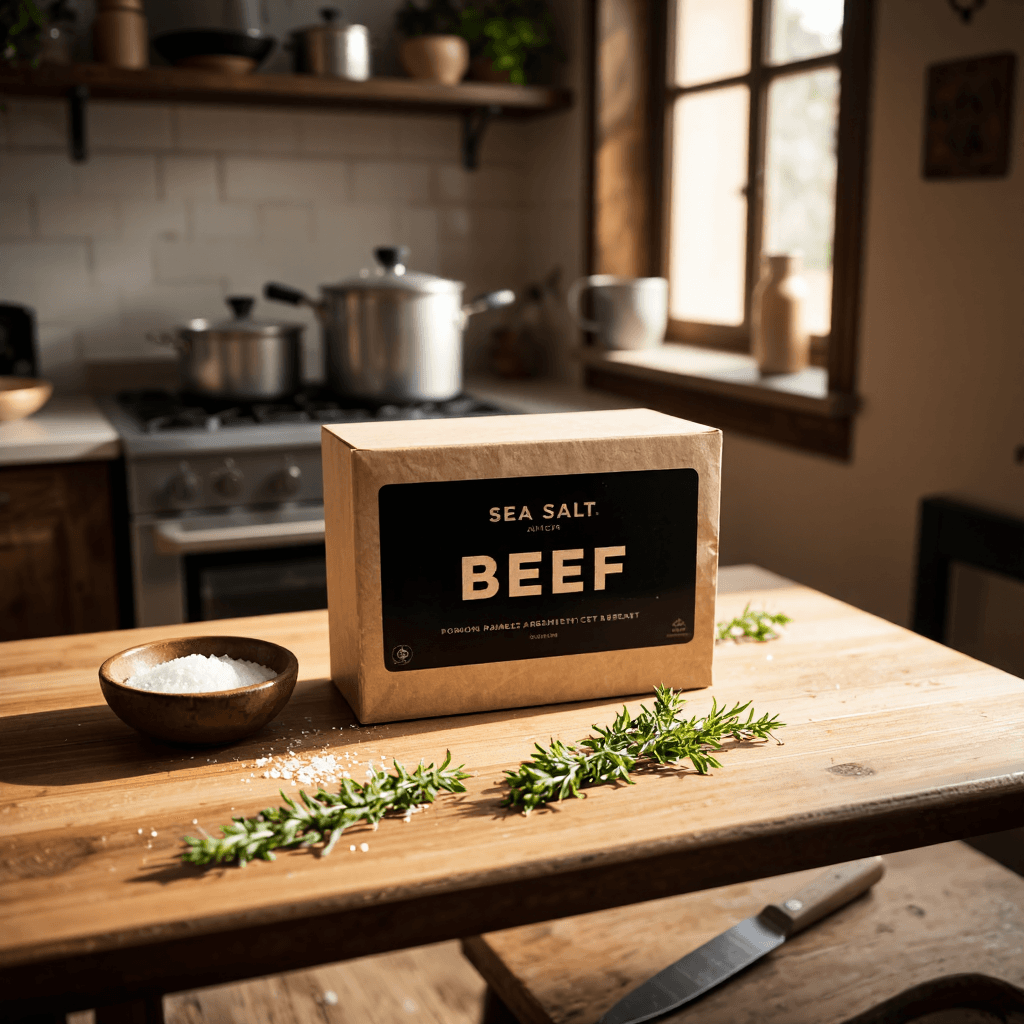 product photography of a box of beef