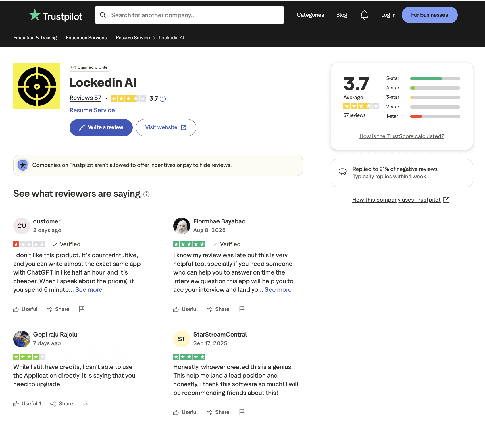 LockedIn AI Trustpilot Reviews