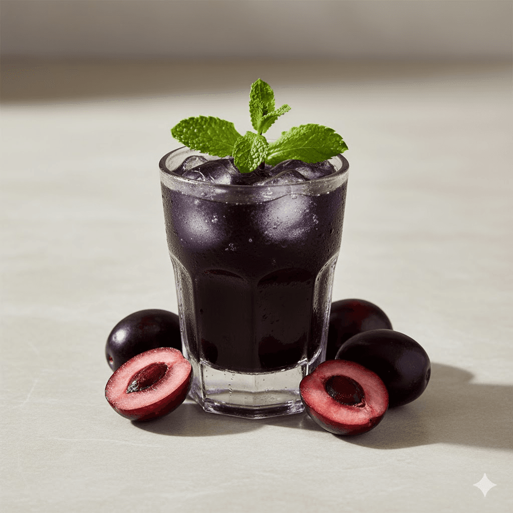 Refreshing Jamun shot drink with mint – summer beverage using frozen Jamun pulp.