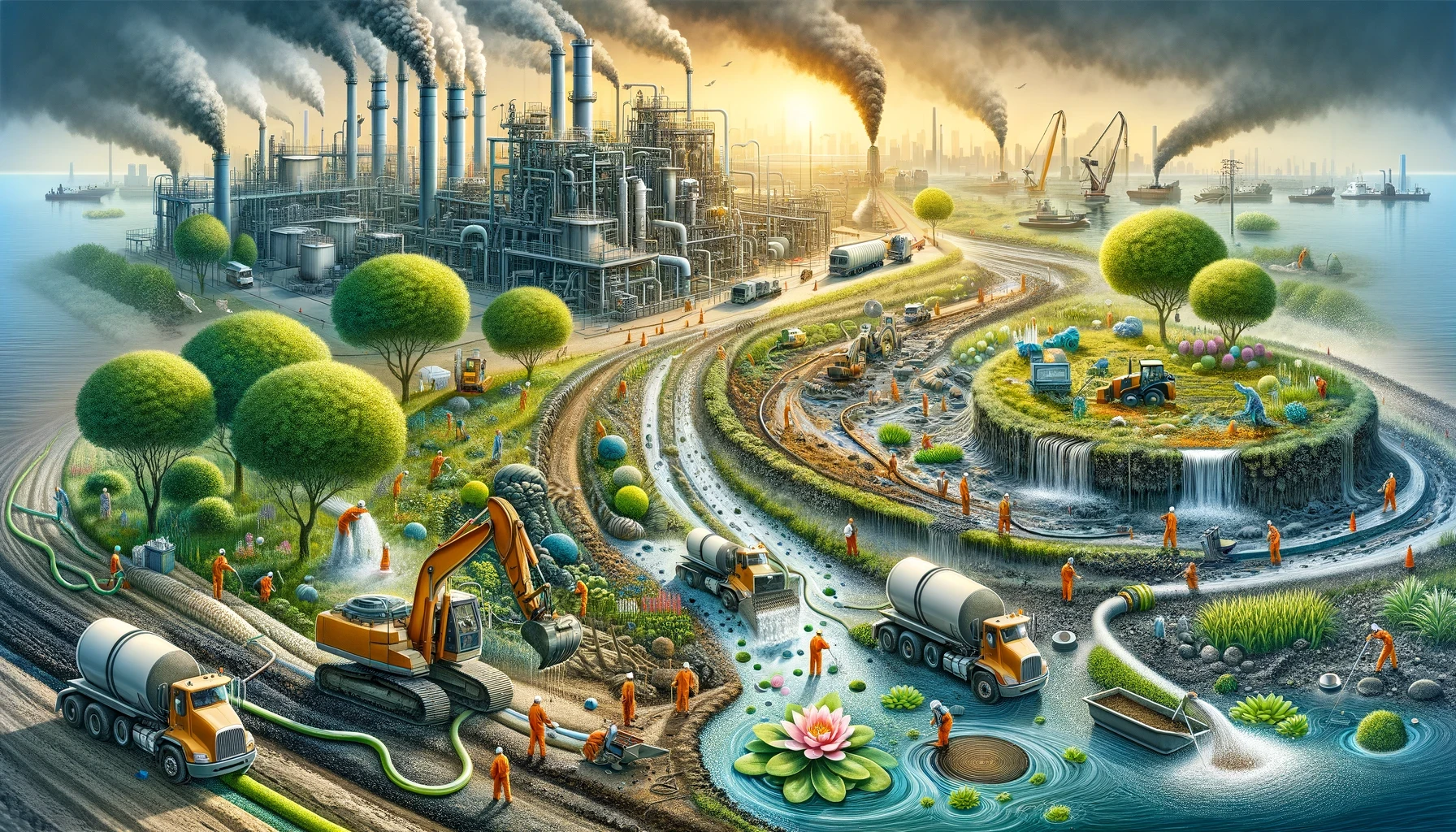 The image illustrates a complex and dynamic scene depicting the juxtaposition of industrial activity and environmental restoration. Key elements of the image include:  Industrial Complex:  Factories and Smoke Stacks: In the background, a large industrial complex with numerous factories and chimneys is emitting dark smoke, indicating heavy pollution. Industrial Equipment: Various pieces of industrial machinery and equipment are scattered around the complex, suggesting ongoing industrial operations. Environmental Restoration:  Construction and Cleanup Efforts: In the foreground and mid-ground, numerous workers dressed in orange suits are engaged in environmental cleanup and restoration activities. This includes operating machinery, planting trees, and managing water flow. Excavators and Concrete Mixers: Heavy machinery such as excavators and concrete mixers are being used to reshape the landscape and support the restoration efforts. Lush Green Areas:  Trees and Vegetation: Contrasting the industrial background, the foreground features lush green areas with well-maintained trees and vegetation. This indicates efforts to rehabilitate and restore the natural environment. Water Features: The presence of clean water features, including small waterfalls and streams, highlights the progress of the restoration activities. Pollution and Cleanup:  Polluted Areas: Areas of polluted water and land are visible, showing the impact of industrial activities. Workers are seen cleaning these areas, emphasizing the ongoing efforts to address pollution. Cleanup Equipment: Various tools and equipment for cleaning and restoring the environment are visible, including hoses, nets, and planting tools. Urban and Natural Integration:  Diverse Landscapes: The image combines elements of urban, industrial, and natural landscapes, showcasing the complexity of managing and balancing these different environments. Progressive Restoration: The gradual transition from polluted industrial areas to cleaner, greener spaces represents the efforts to restore and rehabilitate the environment. Symbolic Elements:  Giant Lotus Flower: A large lotus flower in the water symbolizes purity and renewal, reinforcing the theme of environmental restoration. Circular Restoration Area: A circular area with terraced vegetation and flowing water serves as a focal point for the restoration efforts, symbolizing harmony and balance. Community and Collaboration:  Workers and Collaboration: The presence of numerous workers and the collaborative nature of their activities highlight the community effort involved in environmental restoration. Equipment and Logistics: The organized deployment of equipment and vehicles suggests a well-coordinated effort to tackle the environmental challenges posed by industrial pollution. Overall, the image portrays a powerful narrative of environmental degradation caused by industrial activities and the simultaneous efforts to restore and rejuvenate the natural landscape through coordinated cleanup and restoration activities.