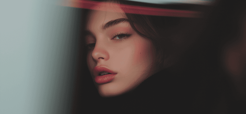 A woman wearing red lipstick looks at the camera, exuding confidence and charm.